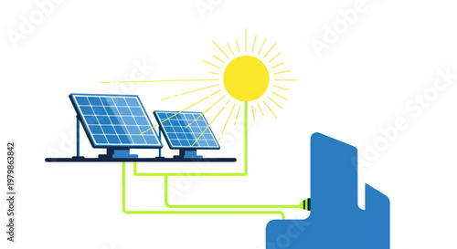 Solar panels generating clean energy for a modern building, sun shining brightly