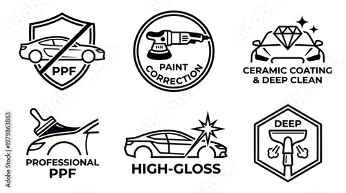 Automotive Detailing and Paint Protection Icon Set with PPF Ceramic Coating Paint Correction and High-Gloss Finish Branding