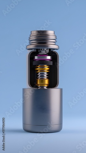 Detailed view of a stainless steel water bottle showing its internal structure and components in a blue background