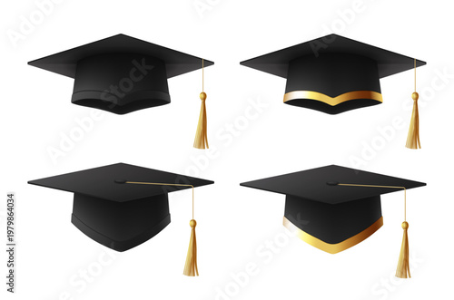 Black realistic graduation caps or mortarboards. Vector set of Graduation university or college black caps. 3d element for design of graduation of college, school, university or degree ceremony.