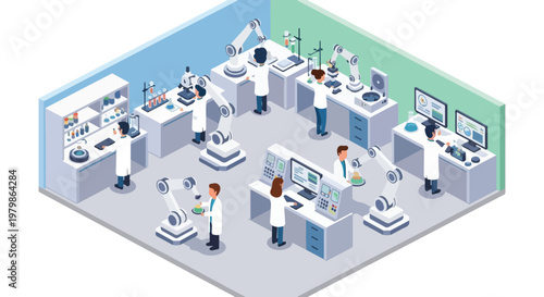 This isometric vector illustration showcases a modern science laboratory where scientists and robotic arms collaborate on research tasks.