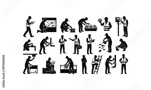 Aquaponics system supervisor various posses silhouette on white background.