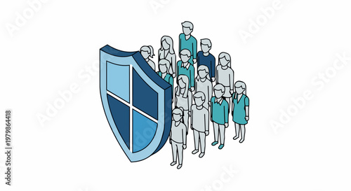 Shield Protecting a Group of People Isometric Illustration for Insurance Security and Privacy