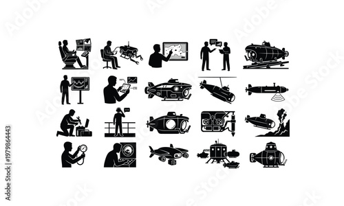 Deep-sea submersible navigator various posses silhouette on white background