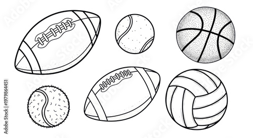 Collection of Hand-Drawn Sports Balls: Football, Basketball, Volleyball, Tennis