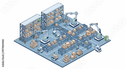 Automated Smart Warehouse with Robotic Arms, Conveyor Belts, and AGVs for Logistics and E-commerce Fulfillment - Isometric Line Art Illustration