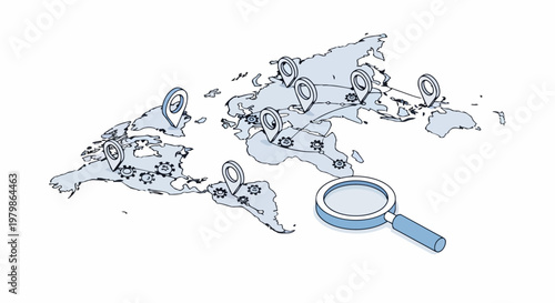 Global Pandemic Tracking and Virus Spread Analysis Isometric Illustration on World Map with Magnifying Glass and Location Pins