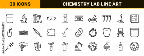 Science and chemistry laboratory thin line icon set