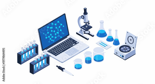 Isometric Science Laboratory Research and Biotechnology Concept with Laptop, Microscope and Medical Equipment