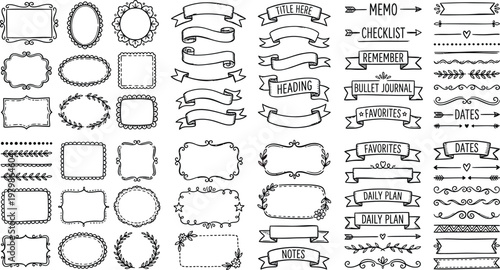 A collection of various black and white doodle frames, banners, and labels  plain   for journaling and planning. Ai, eps, jpg, transparent background, png