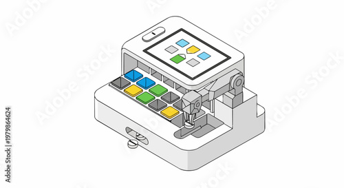 Isometric 3D Illustration of an Automated Robotic Pill Dispenser and Pharmacy Sorter with Digital Screen for Healthcare Technology and Laboratory Automation