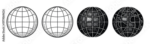 Four Globes Showing Progression from Outline to Detailed Map