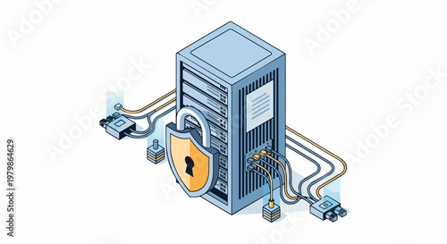 Isometric Cybersecurity Server Rack Illustration with Shield Padlock for Data Protection and Network Information Privacy