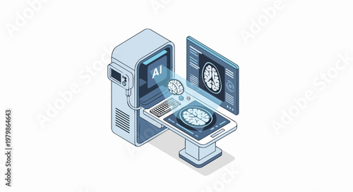 Isometric Illustration of an AI-Powered Medical Machine for Brain Scanning and Neurology Diagnostics in Modern Healthcare Technology
