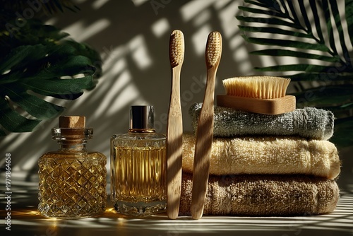 Decorative bath arrangement with essential oils, towels, and natural brushes in a cozy space