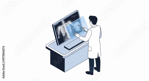 Doctor Analyzing Digital X-Ray Scans on Large Holographic Screen, Isometric Illustration of Medical Diagnostic Technology and Radiology Health Care Analysis