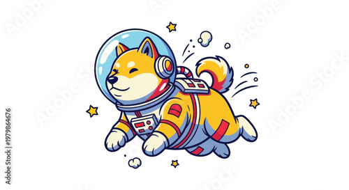 Cute Shiba Inu Dog Astronaut Floating in Space, Cartoon Style