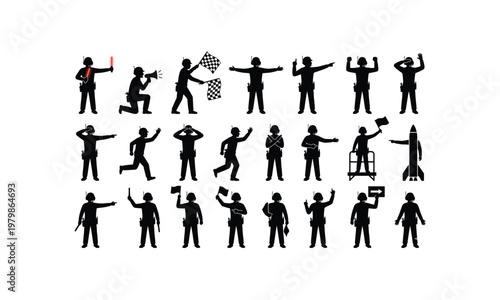  Launch pad safety marshal signaling various posses silhouette on white background