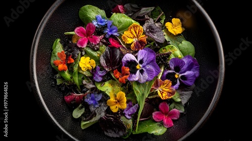 Colorful salad made with fresh greens and edible flowers on a dark plate in a kitchen