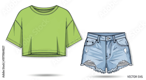 Fashion Flat Lay: Green Cropped T-Shirt and Distressed Denim Shorts