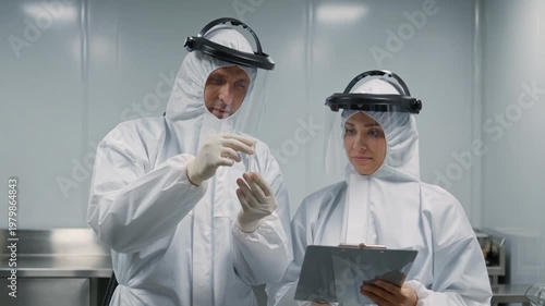 Two scientists in white hazmat suits and face shields working in a sterile laboratory, male researcher examining a glass vial while female colleague records data on a clipboard in a clean room