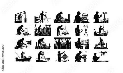 Space habitat maintenance worker various posses silhouette on white background