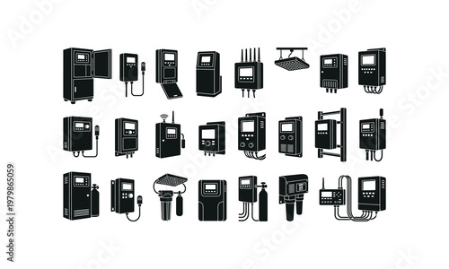 Vertical farm climate controller various posses silhouette on white background