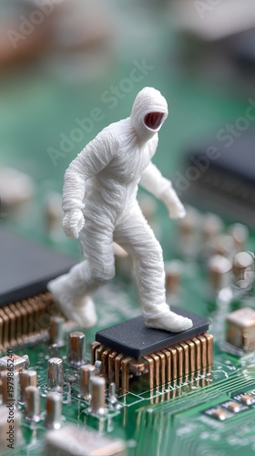 Miniature figure runs on circuit board in a close-up view of electronic components and technology in a detailed scene