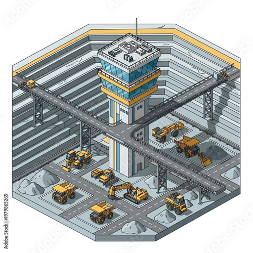 Isometric Mining Operation with Tower and Heavy Machinery Illustration.