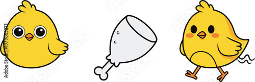 Cute chick cartoon and chicken drumstick set. Funny baby chicken characters with meat icon. Simple food and animal vector illustration collection.