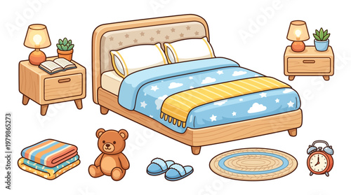 Cozy Cartoon Bedroom with Bed and Nightstands Vector Illustration