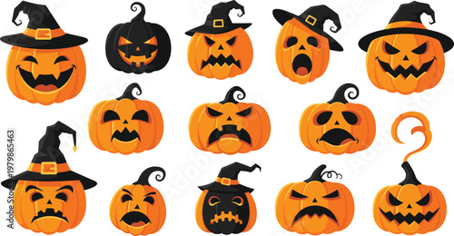 Set of twelve Halloween pumpkins with carved faces and witch hats for spooky festive vector design projects