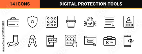 Cybersecurity and biometric access control line icon set