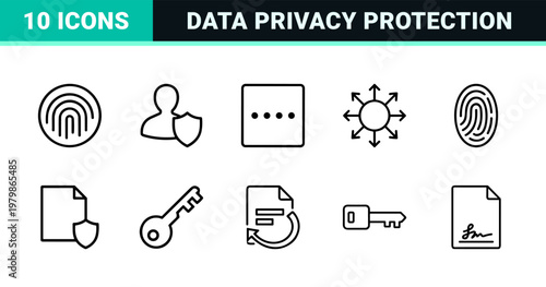 Cyber security and data protection thin line icon set