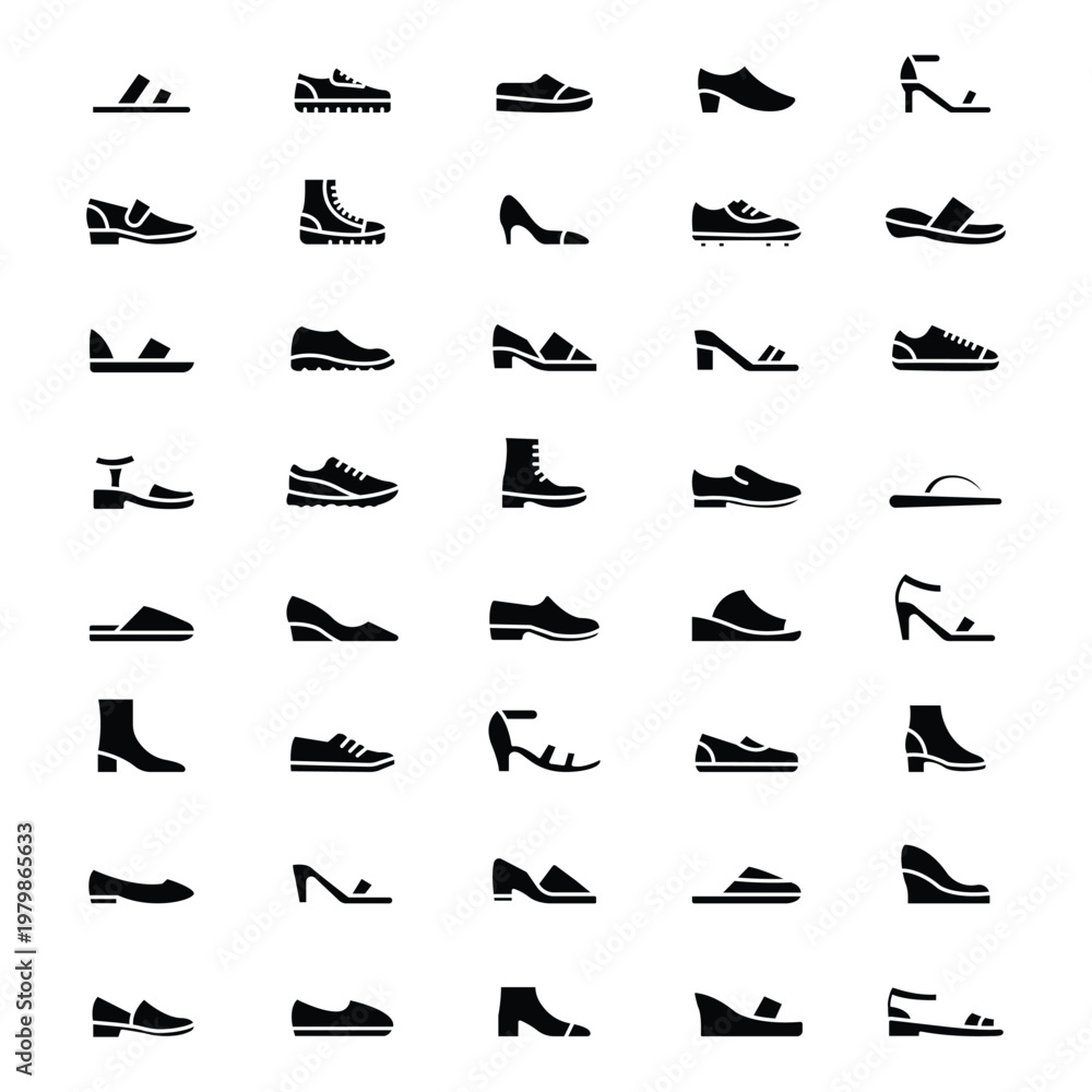 Obraz premium Footwear and Shoe Icon Set – Sneakers, High Heels, Boots and Fashion Shoes Vector Collection.eps10