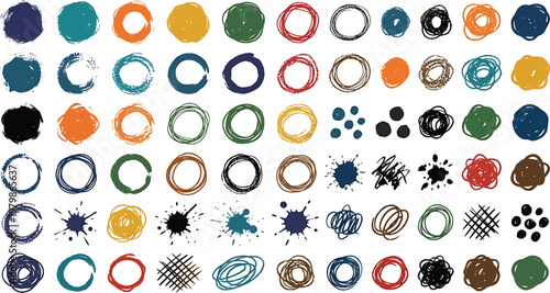 A vibrant collection of colorful paint splatters and circles    Ai, eps, jpg, transparent background, png