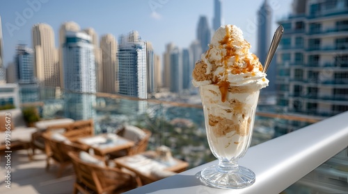 Enjoying a dessert on a balcony overlooking city buildings and a clear sky with the sun shining in the afternoon
