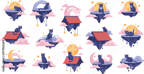 Whimsical dark blue cats on floating islands with moons, stars and clouds for dreamy fantasy vector design projects