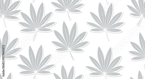Seamless pattern of grey cannabis leaves on white background. Simple, modern, vector illustration for design.