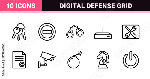 Minimalist security and protection outline icons grid.
