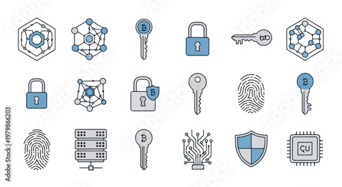 A set of 18 vector icons showcasing blockchain technology, digital security, and cryptocurrency elements in a unified blue and grey color scheme.