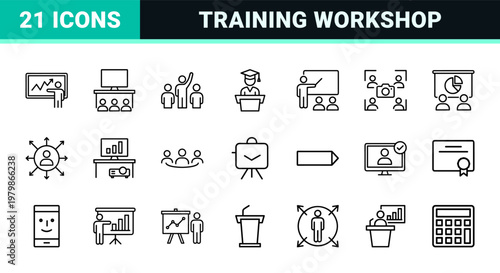 Corporate seminar and training session linear outline icons for business education.