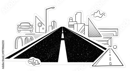 Straight Road Leading to Cityscape with Buildings and Car.