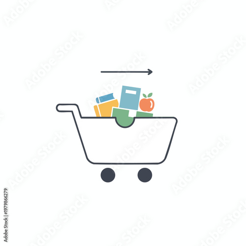Minimalist Illustration of a Shopping Cart Filled with Groceries