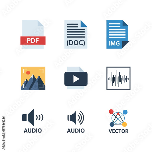 A comprehensive collection of digital file type icons, representing various document formats, media content, and data structures for modern technology and computing