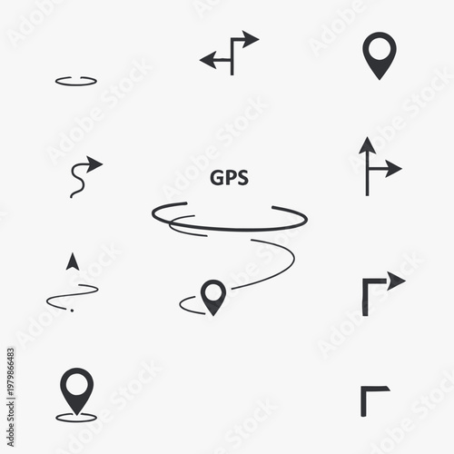 Collection of GPS navigation icons and directional arrows for digital maps and applications