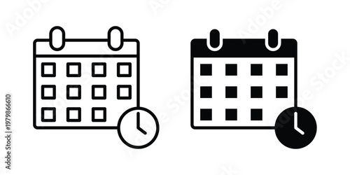 Calendar clock icon. Flat and outline icons. Black icons