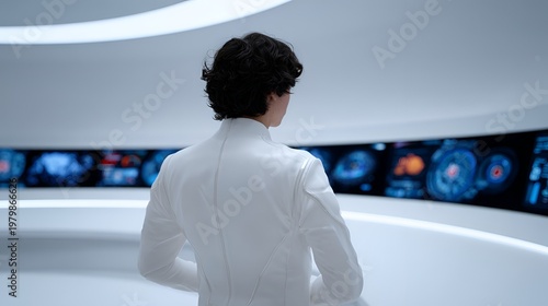 Person stands in a futuristic room with screens showing data and information in a modern setting