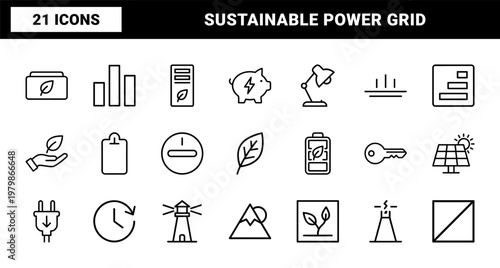 Renewable energy and eco efficiency line icons
