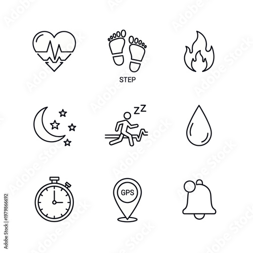 Set of health and fitness icons including heartbeat, footprint, fire, moon, running man, water drop, stopwatch, map marker, and bell on a white background